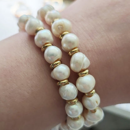 Natural White Pearl and Brass Beaded Stretch Bracelets