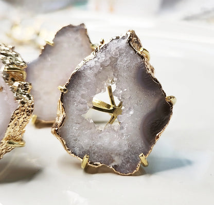 Gold Plated Geode/Agate Slice Solitaire Adjustable Rings