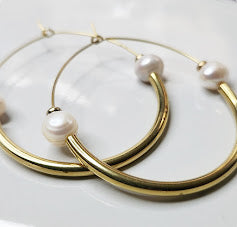 Brass and White Pearl Threaded Teardrop Hoop Earring Options
