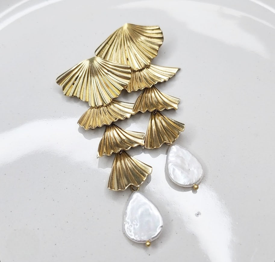 Fluted Brass Fan/Leaf and Freshwater Pearl Post Earrings