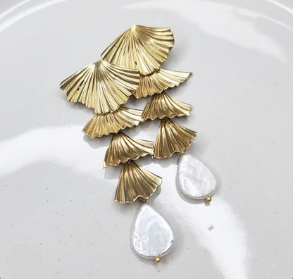 Fluted Brass Fan/Leaf and Freshwater Pearl Post Earrings