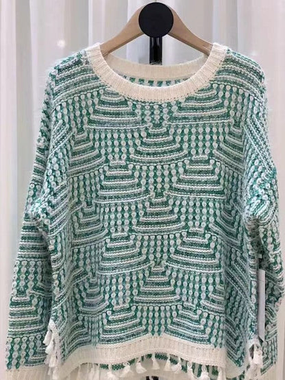 Plaid Knit Sweater With Fringe
