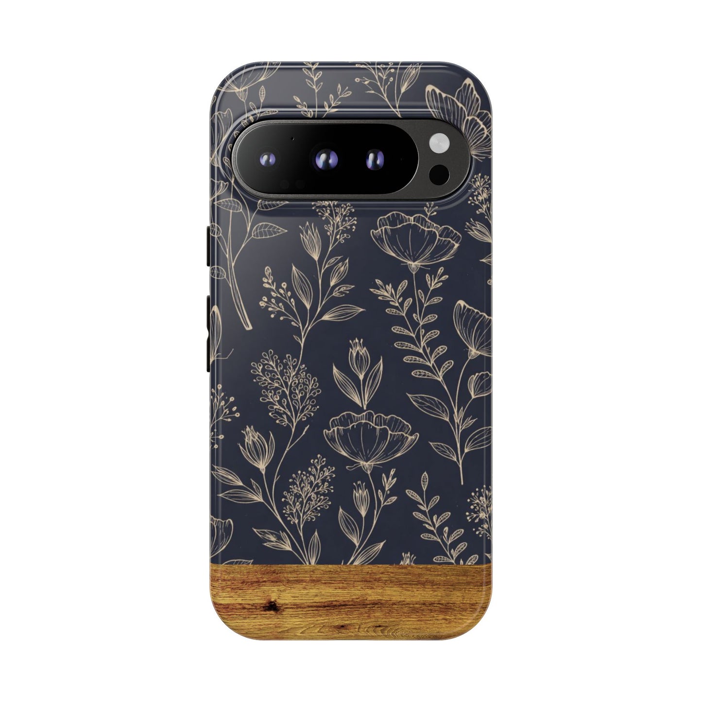 Floral Navy Tough Phone Case — Wood Accent Protective Cover