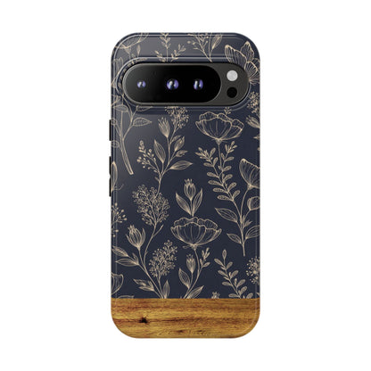 Floral Navy Tough Phone Case — Wood Accent Protective Cover
