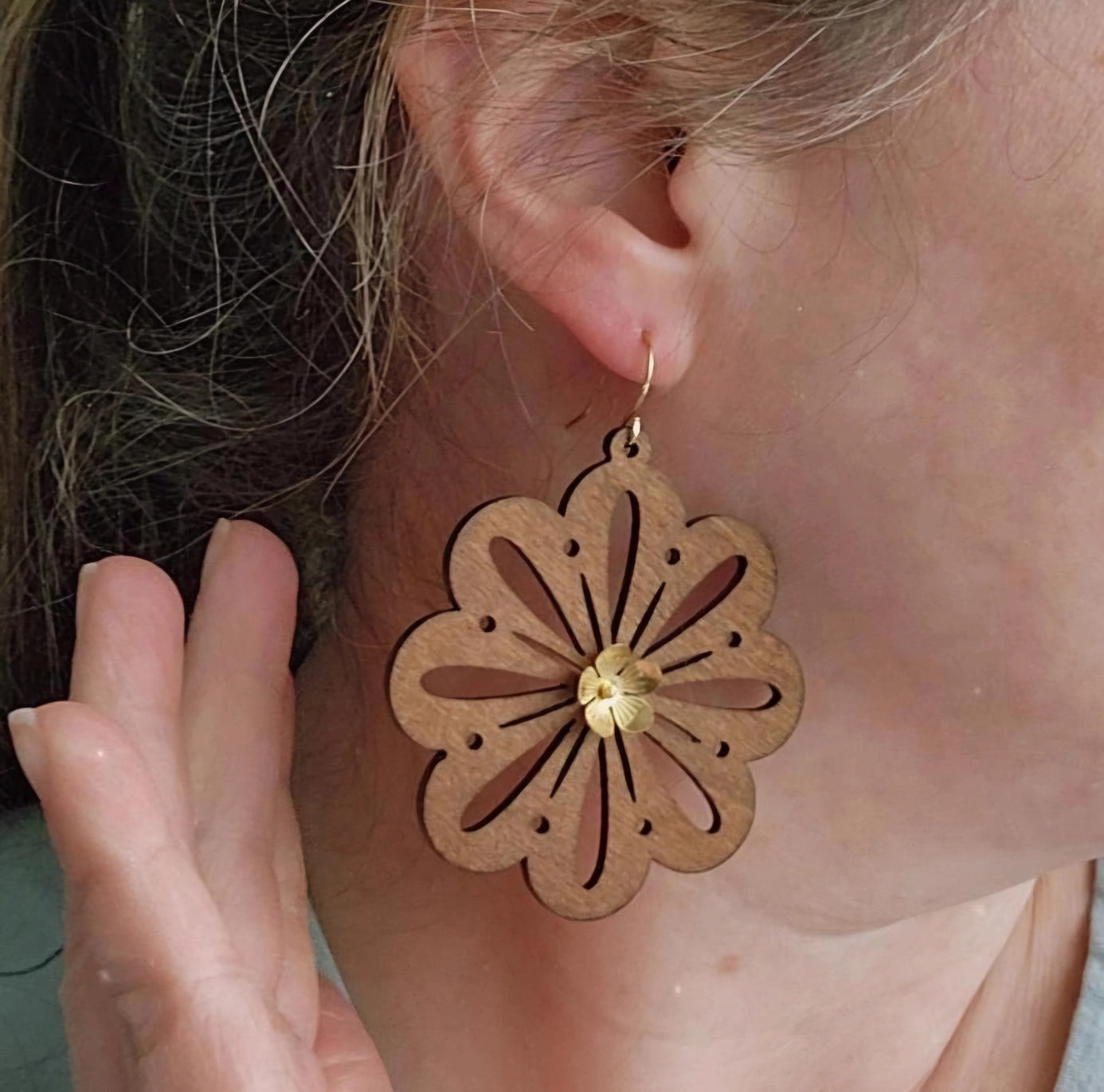 Wood & Brass Flower Boho Dangle Earrings, Polka Dot Details