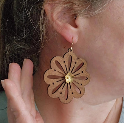Wood & Brass Flower Boho Dangle Earrings, Polka Dot Details