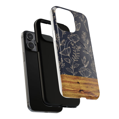 Floral Woodgrain Tough Magnetic Phone Case — Navy Botanical Protection