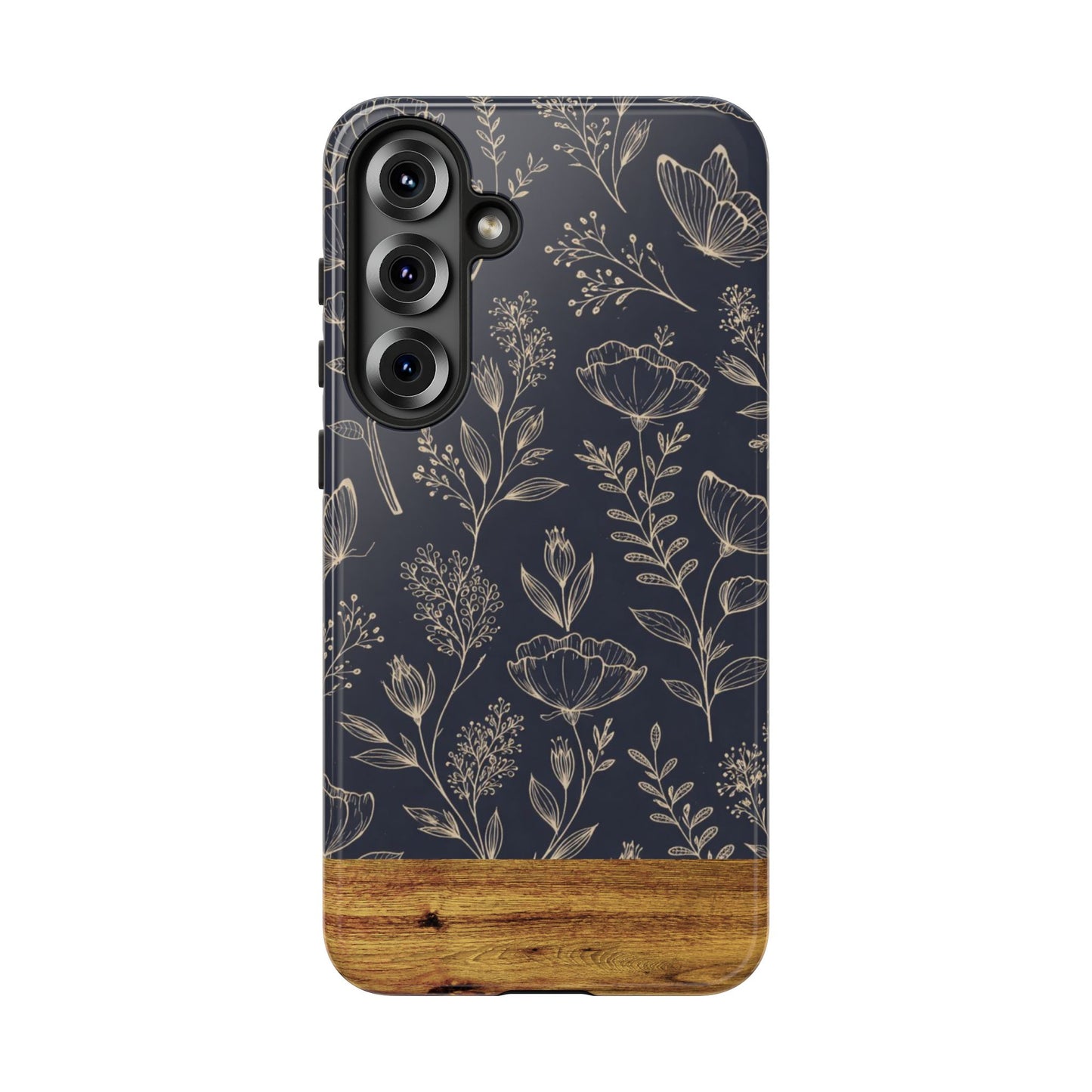 Floral Navy Tough Phone Case — Wood Accent Protective Cover