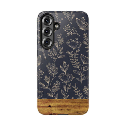 Floral Navy Tough Phone Case — Wood Accent Protective Cover