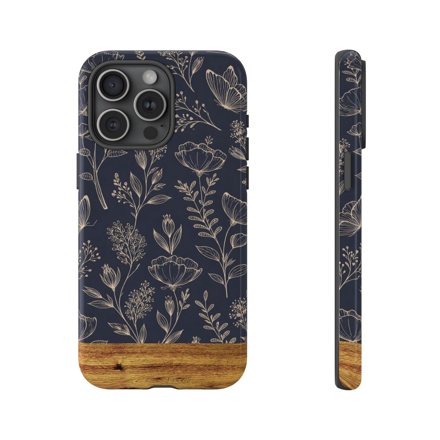 Floral Navy Tough Phone Case — Wood Accent Protective Cover