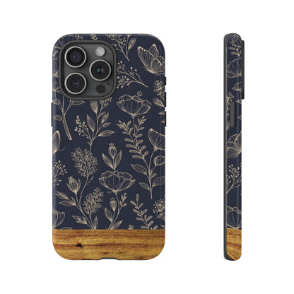 Floral Navy Tough Phone Case — Wood Accent Protective Cover