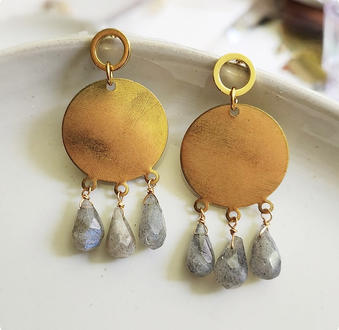 Rainbow Labradorite and Brass Geometric Chandelier Earrings