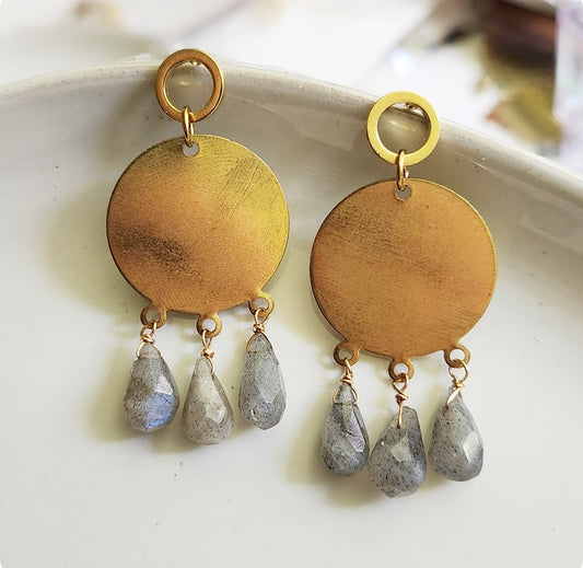 Rainbow Labradorite and Brass Geometric Chandelier Earrings