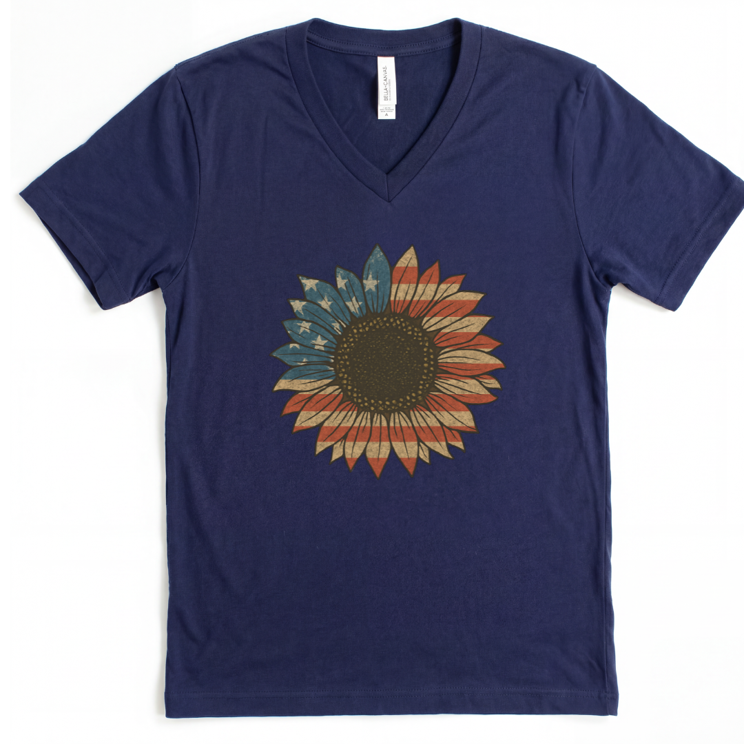 Floral Stars and Stripes - Short Sleeve V-Neck Tee