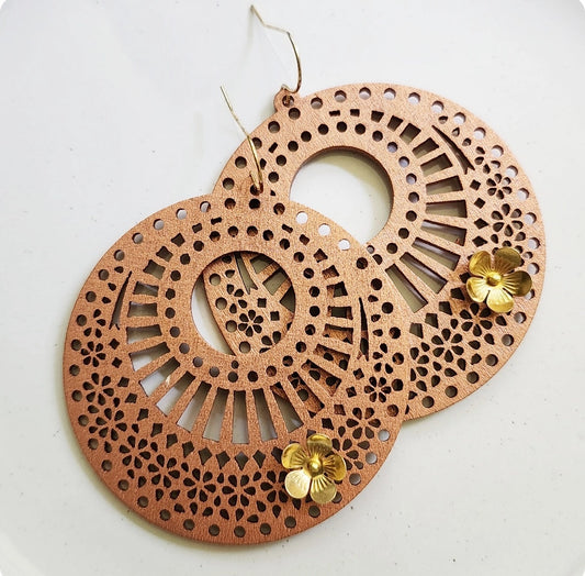 Wood & Brass Flower Boho Dangle Earrings, Polka Dot Details
