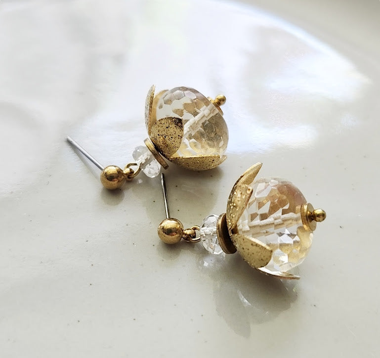 Clear Faceted Quartz and Brass Lotus Bauble Dangle Earrings