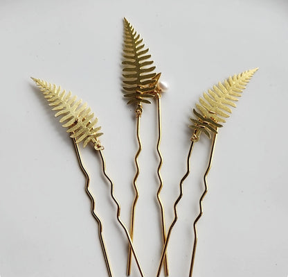 Brass Fern Leaf U Hairpins with White Freshwater Pearls