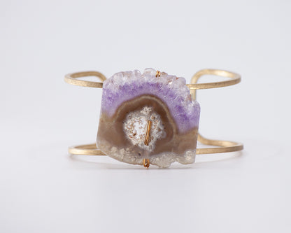 Natural Amethyst Druzy and Brass Wire Wrapped Cuff Bracelet
