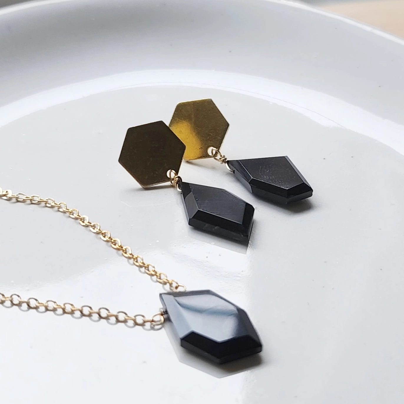 Geometric Faceted Black Onyx and Brass Earrings and Necklace