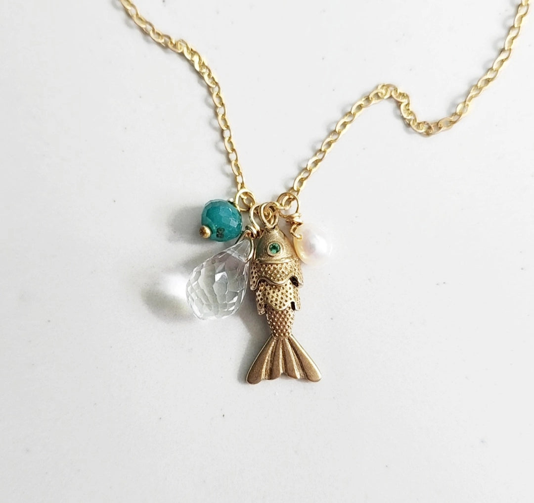 Fish Charm and Gemstone Pendant Necklaces, Pisces Zodiac