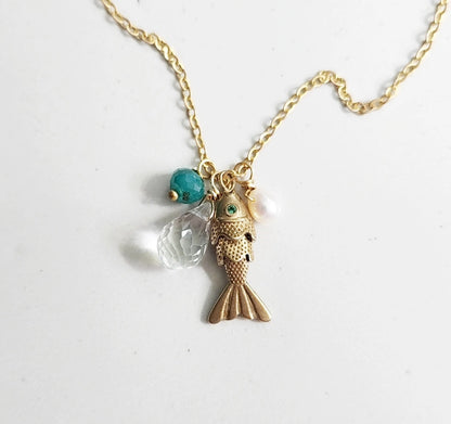 Fish Charm and Gemstone Pendant Necklaces, Pisces Zodiac