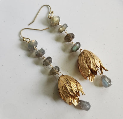 Faceted Labradorite and Textured Brass Tulip Dangle Earrings