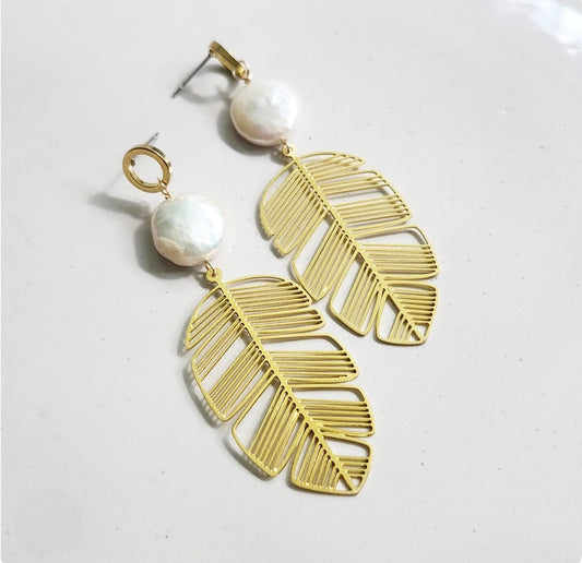 Freshwater Pearl and Monstera Leaf Post and Dangle Earrings