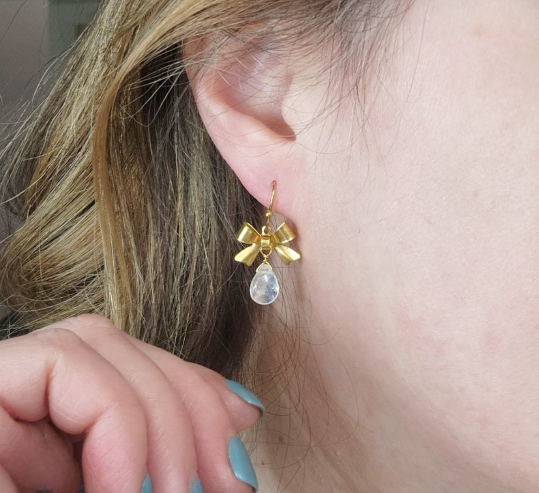 Rainbow Moonstone and Brass Bow Charm Matching Jewelry Set