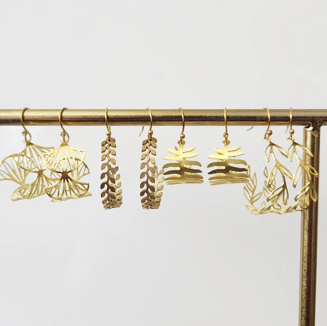 Brass Fern, Olive & Myrtle Leaf Hoop Dangle Earrings