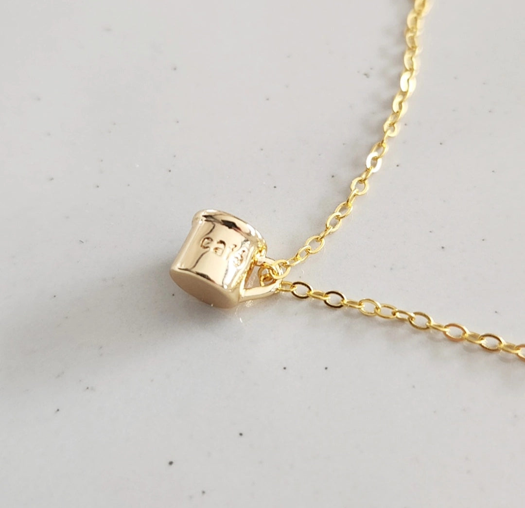 Gold Plated Cafe Inscribed Coffee Mug & Bean Charm Necklace