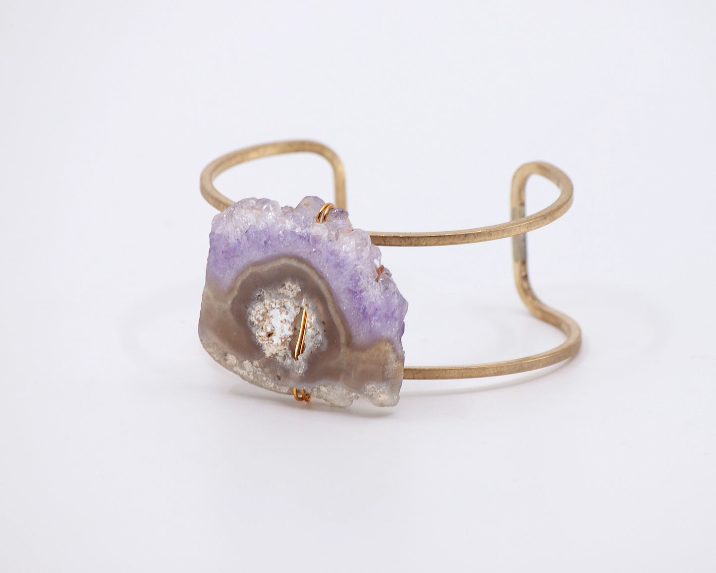 Natural Amethyst Druzy and Brass Wire Wrapped Cuff Bracelet