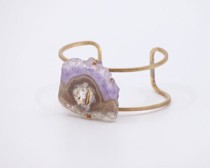 Natural Amethyst Druzy and Brass Wire Wrapped Cuff Bracelet