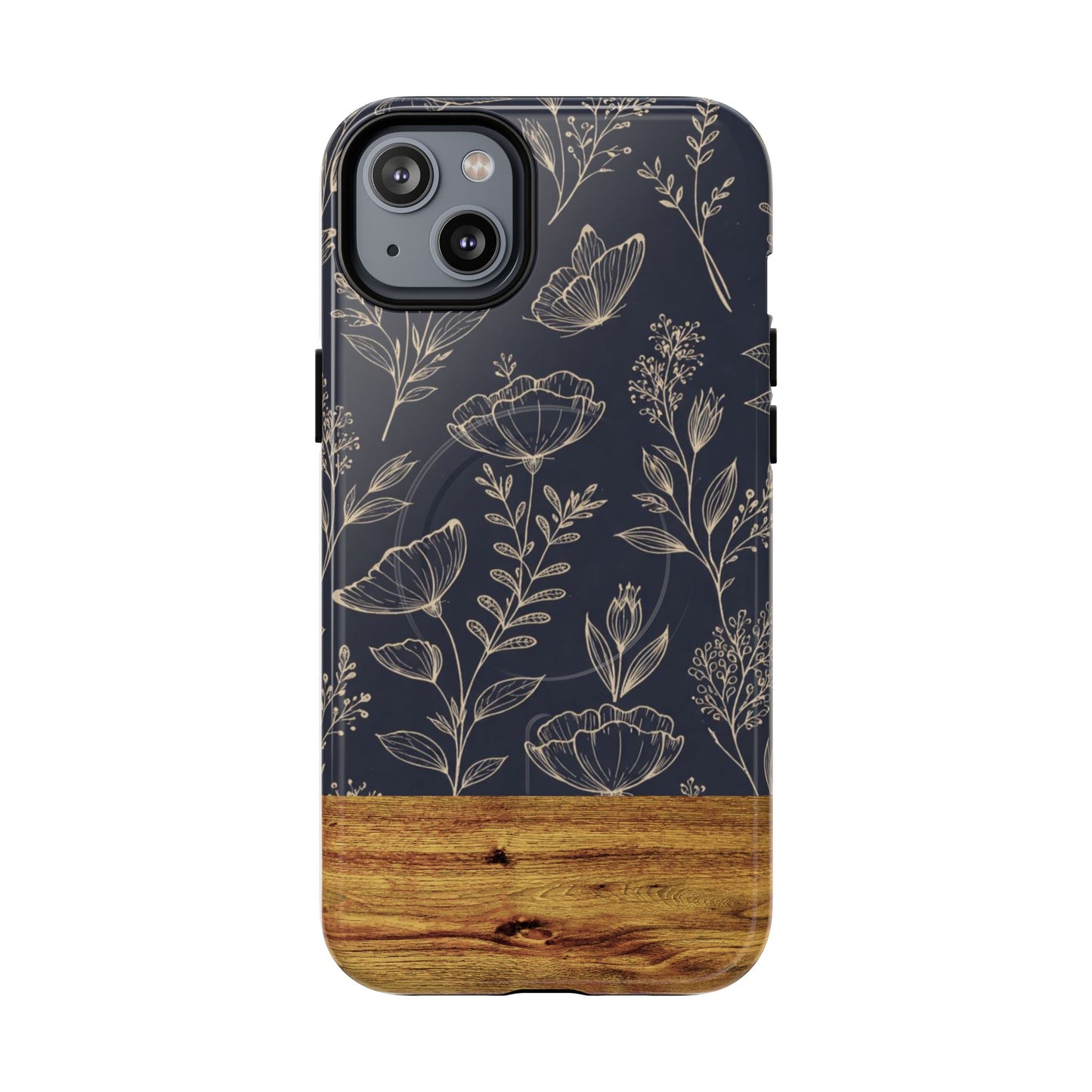 Floral Woodgrain Tough Magnetic Phone Case — Navy Botanical Protection