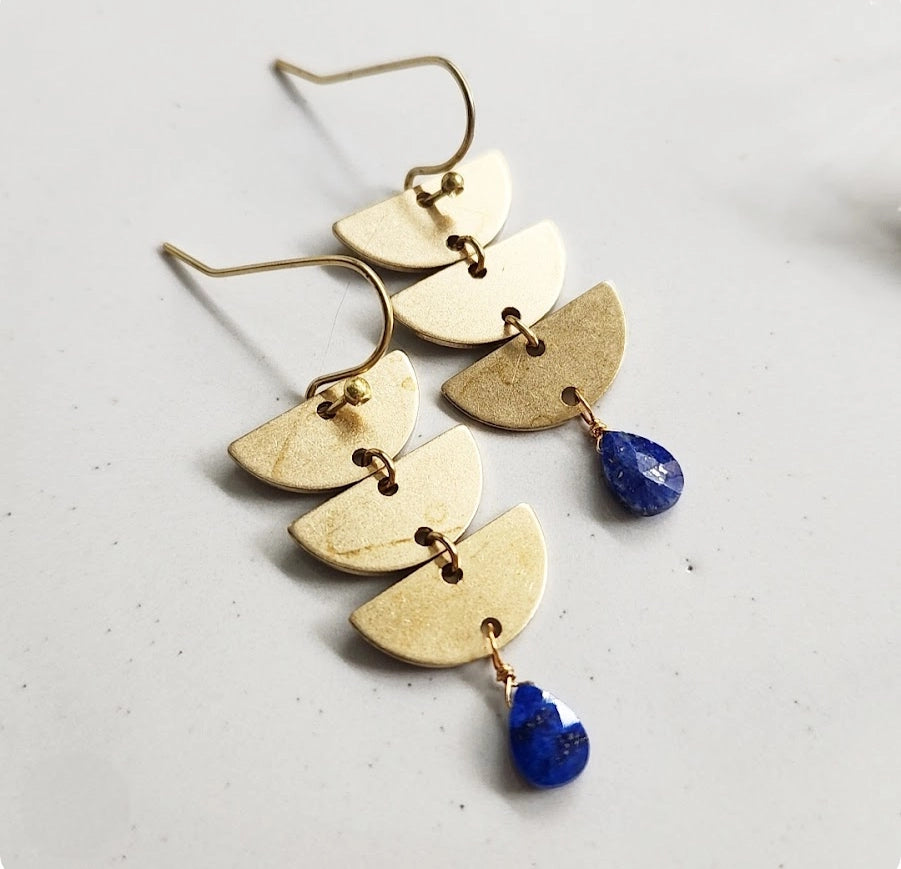 Brass Crescent Moon Phase and Lapis Lazuli Dangle Earrings