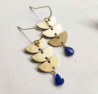 Brass Crescent Moon Phase and Lapis Lazuli Dangle Earrings