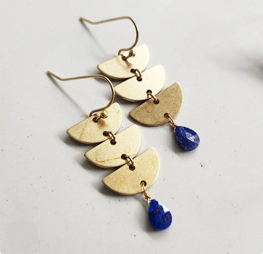 Brass Crescent Moon Phase and Lapis Lazuli Dangle Earrings