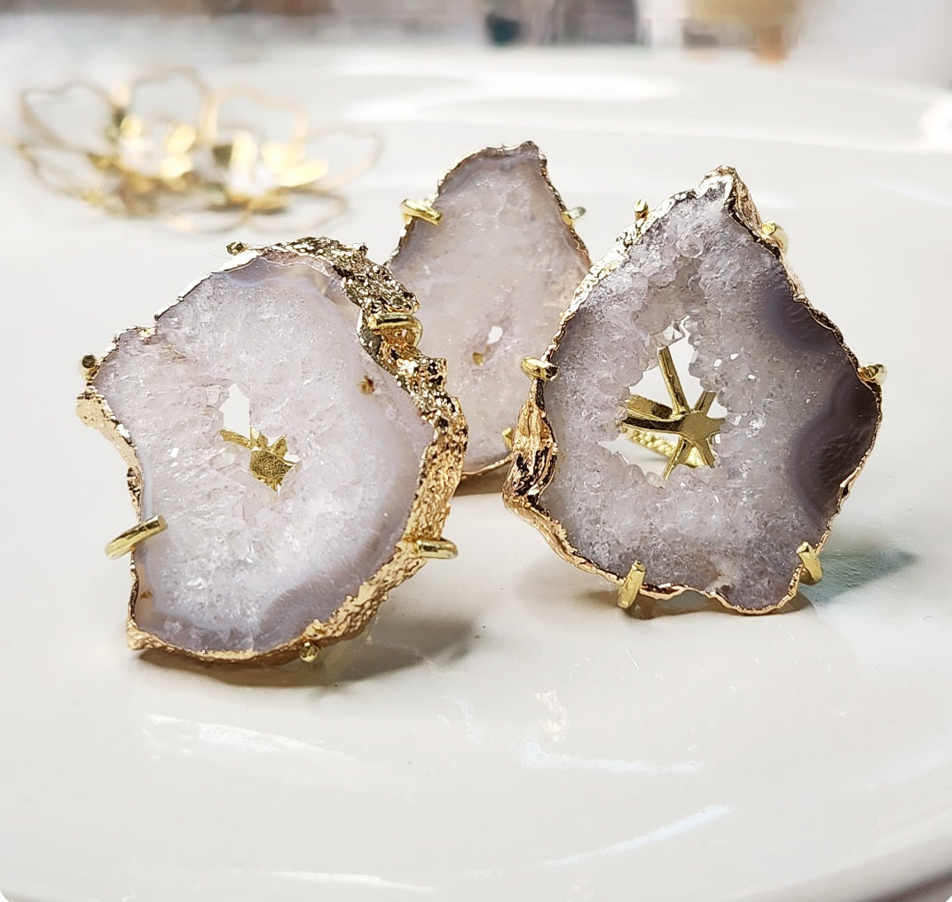 Gold Plated Geode/Agate Slice Solitaire Adjustable Rings
