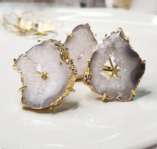 Gold Plated Geode/Agate Slice Solitaire Adjustable Rings