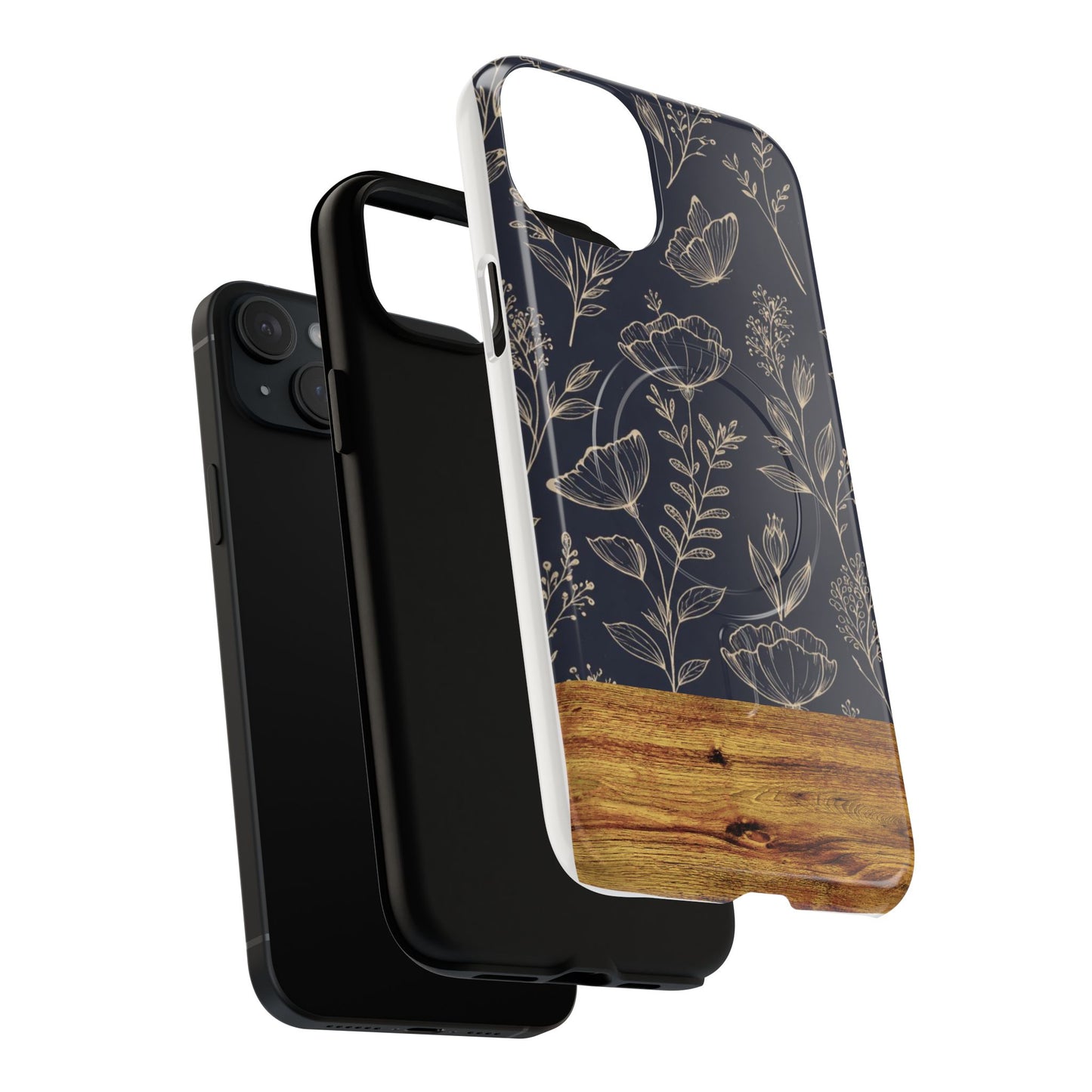 Floral Woodgrain Tough Magnetic Phone Case — Navy Botanical Protection