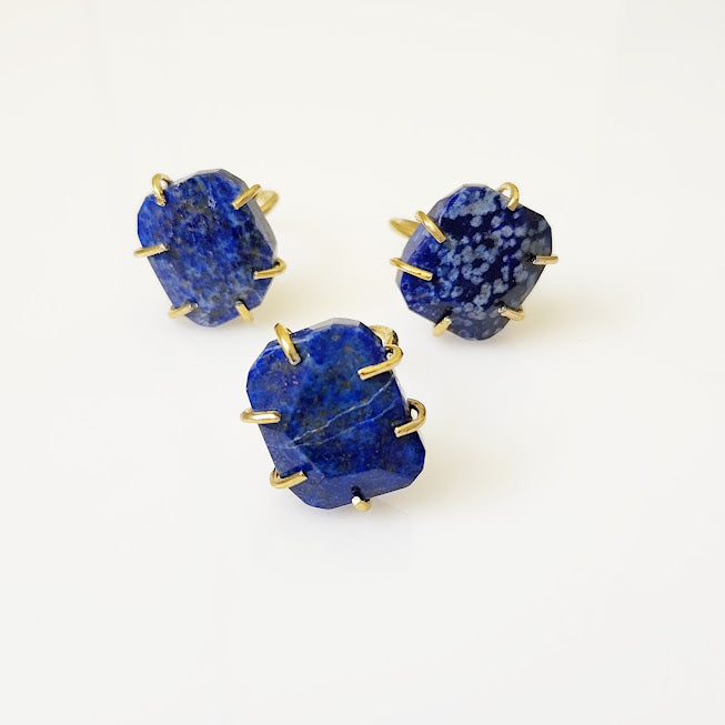 Faceted Lapis Lazuli and Brass Adjustable Solitaire Ring