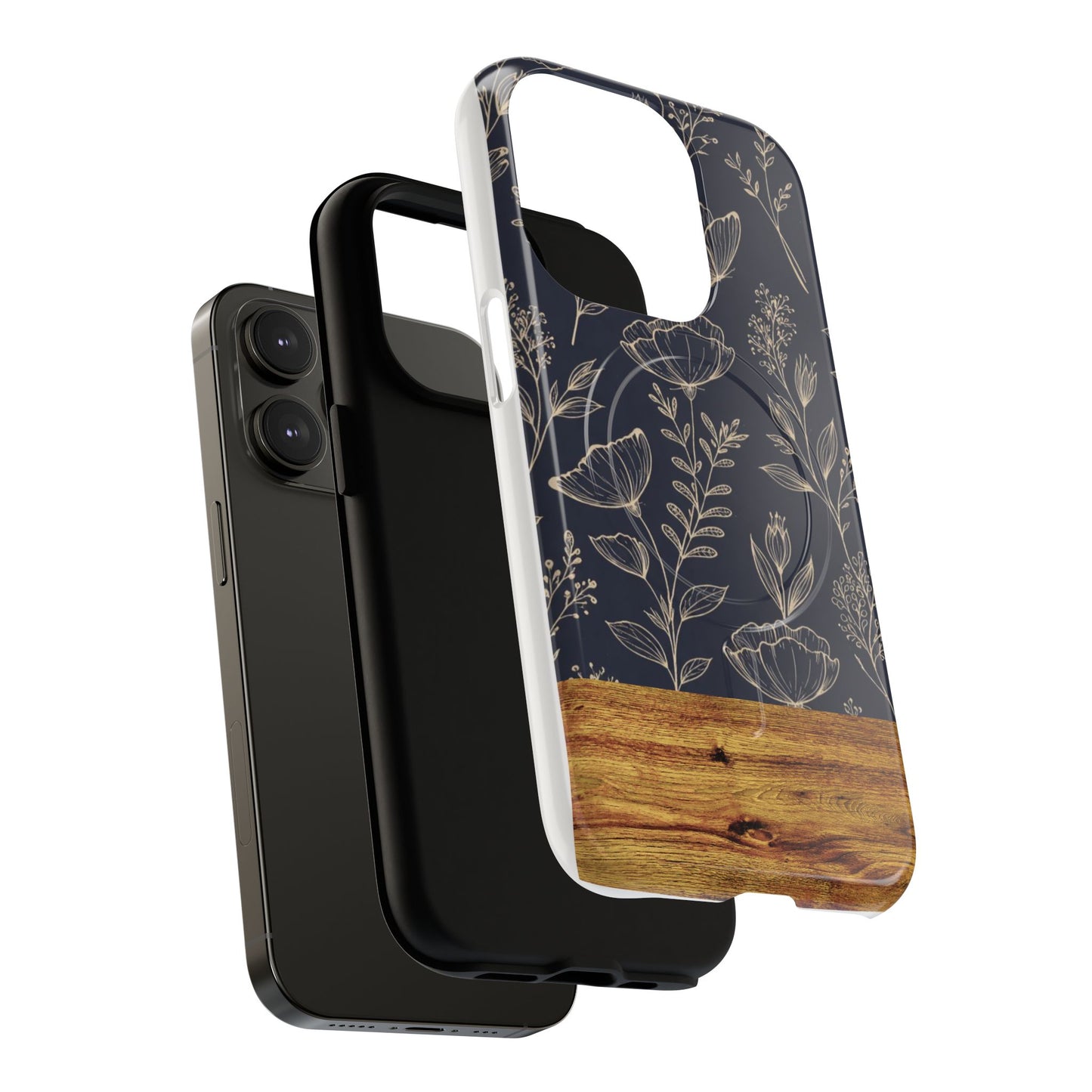 Floral Woodgrain Tough Magnetic Phone Case — Navy Botanical Protection