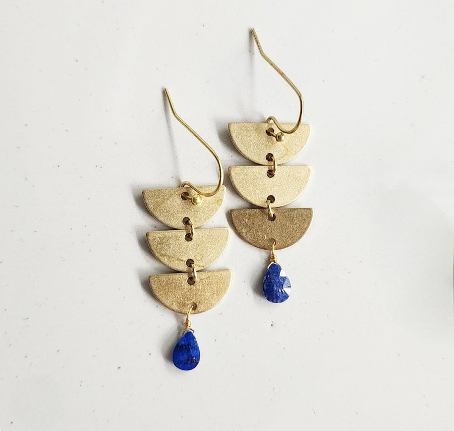 Brass Crescent Moon Phase and Lapis Lazuli Dangle Earrings
