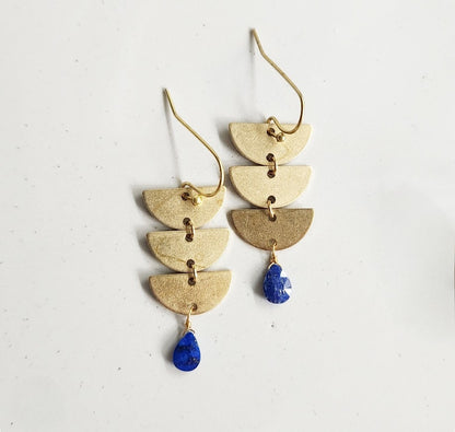 Brass Crescent Moon Phase and Lapis Lazuli Dangle Earrings