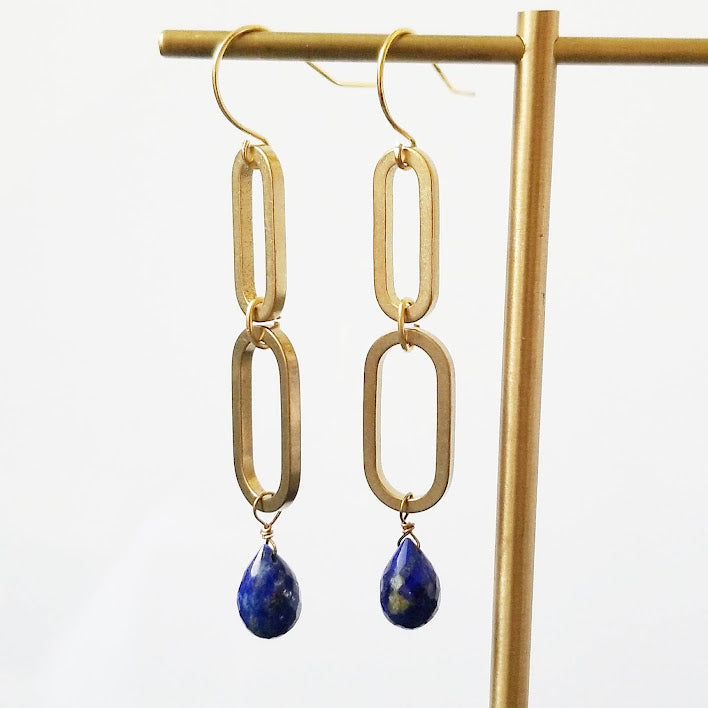 Brass Oval, Lapis Lazuli and Pearl Statement Dangle Earrings