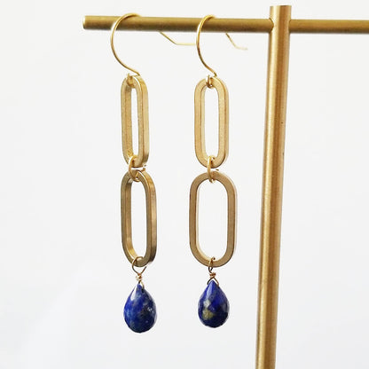 Brass Oval, Lapis Lazuli and Pearl Statement Dangle Earrings