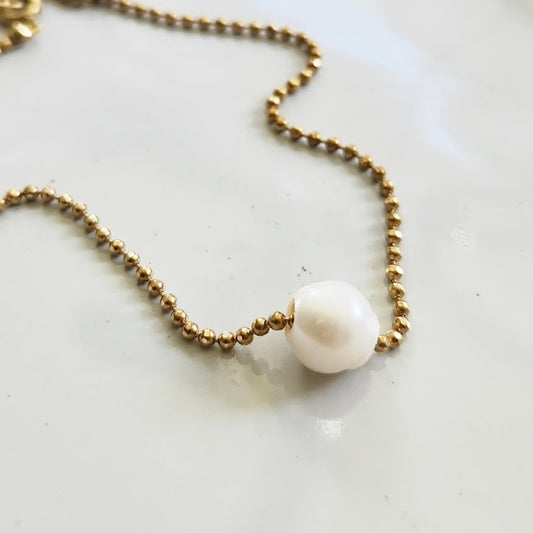 Natural White Freshwater Pearl and Brass Beaded Necklace