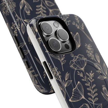 Floral Woodgrain Tough Magnetic Phone Case — Navy Botanical Protection