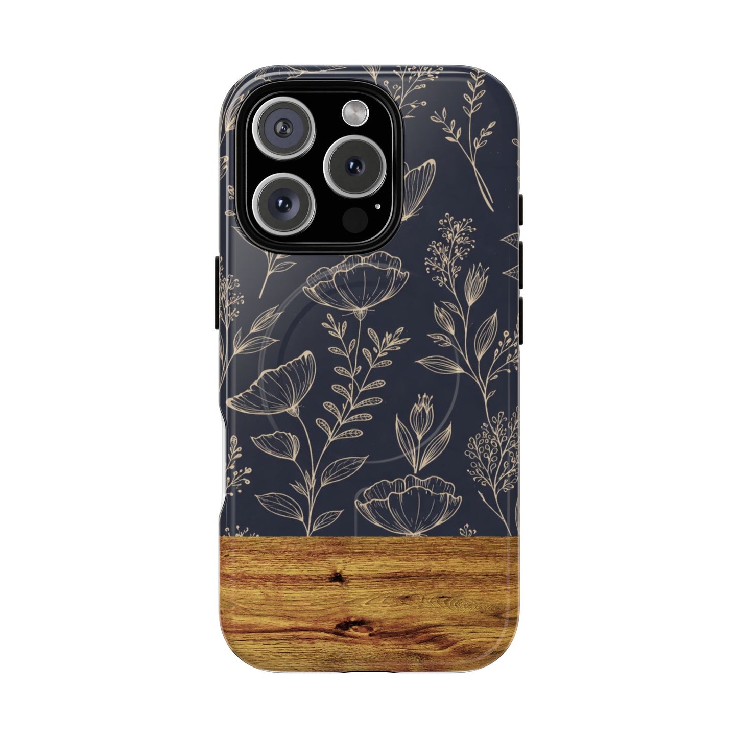 Floral Woodgrain Tough Magnetic Phone Case — Navy Botanical Protection