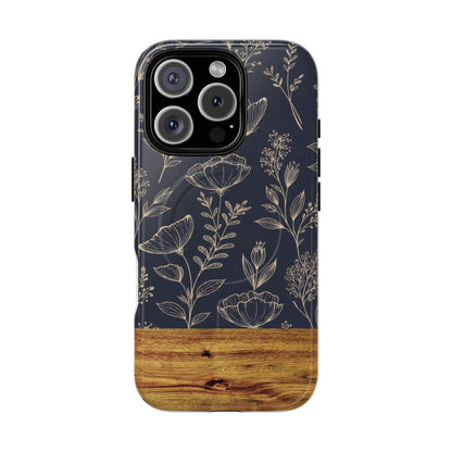 Floral Woodgrain Tough Magnetic Phone Case — Navy Botanical Protection