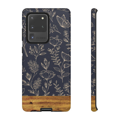 Floral Navy Tough Phone Case — Wood Accent Protective Cover